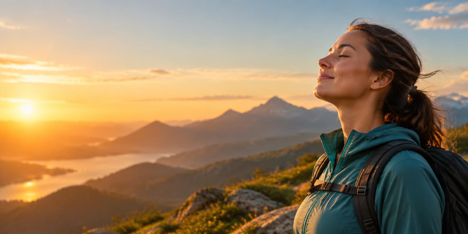 Mulher respirando ar puro nas montanhas